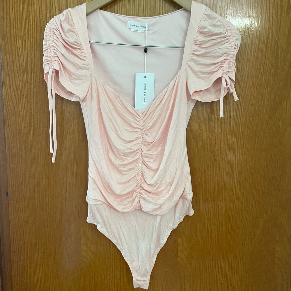 NWT Lovers + Friends Pink Cinched Short Sleeve Ruched Bodysuit